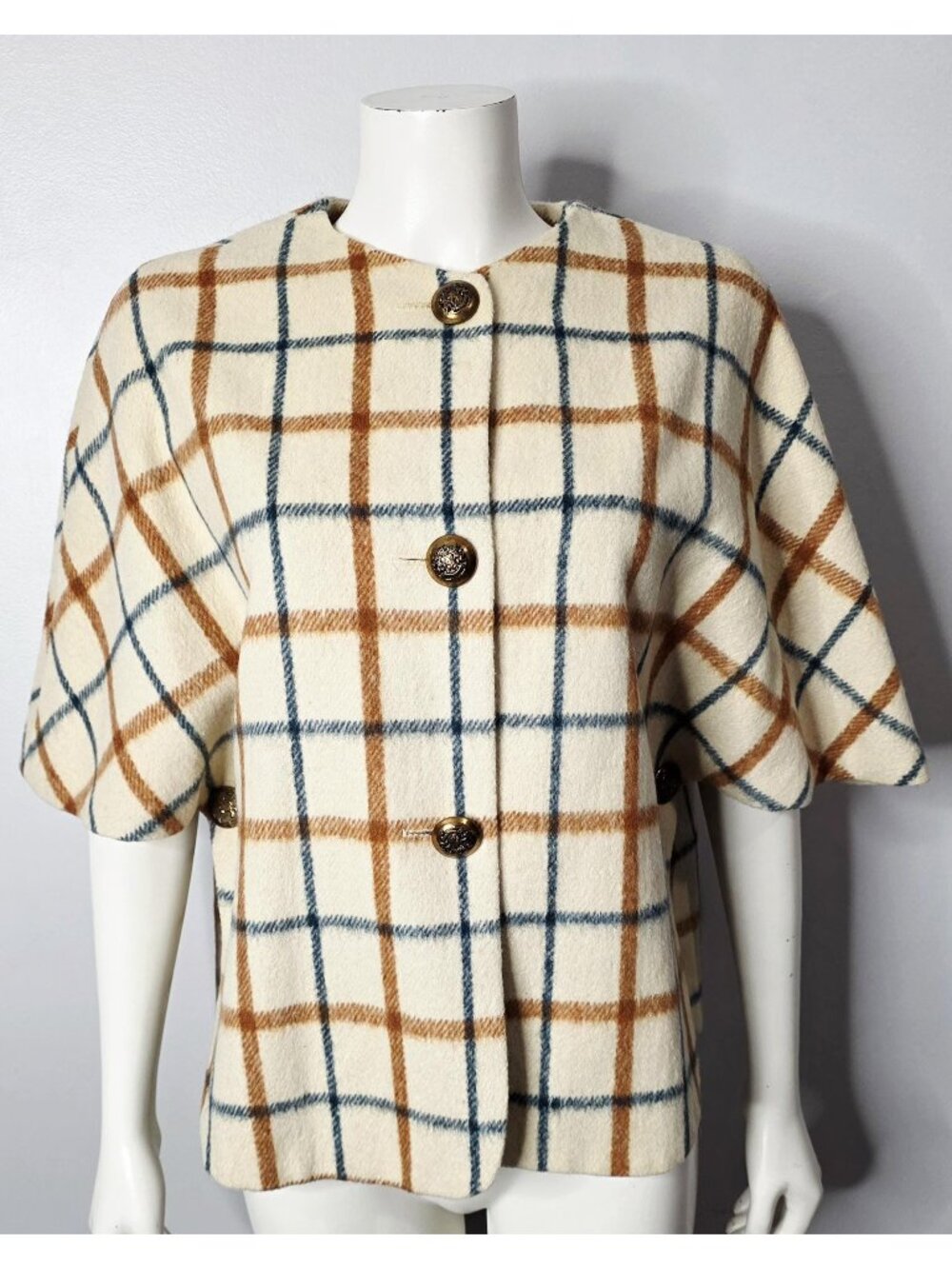 Vintage 60s/70s Plaid Wool Capelet Jacket with Gold Crest Buttons